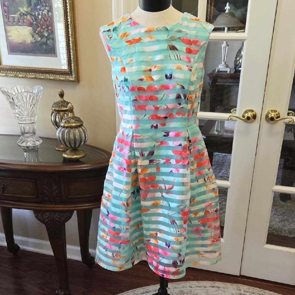 Sandra Darren Aqua Coral Stripe Floral Midi Dress Sleeveless Sheer Overlay 6 EUC